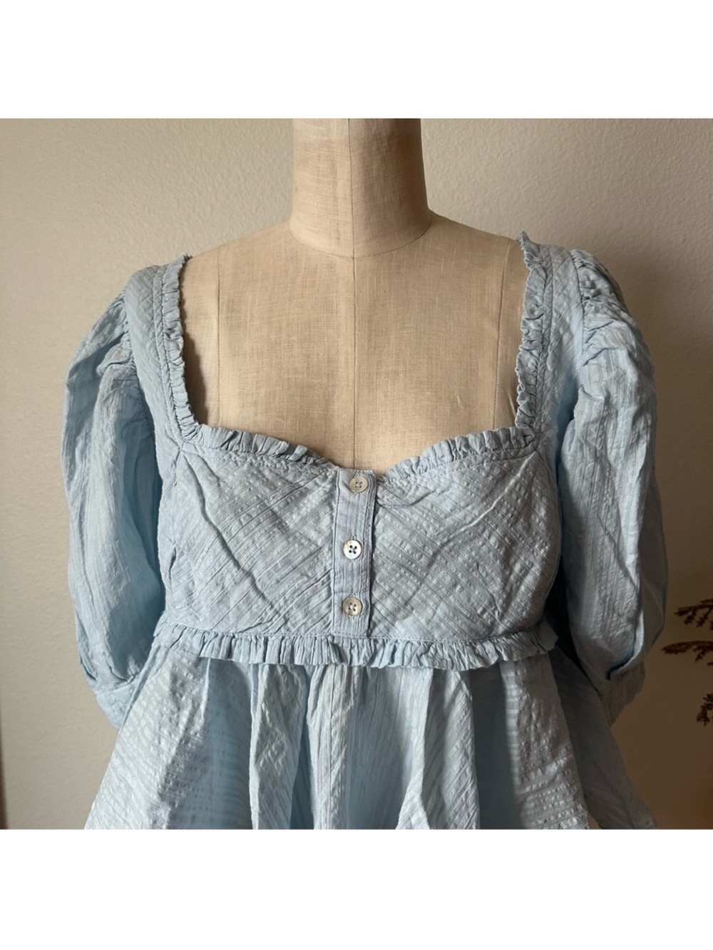 Free People Leave It To Me Babydoll Crop Square Neck Top Blue Tan size Small - Picture 4 of 7